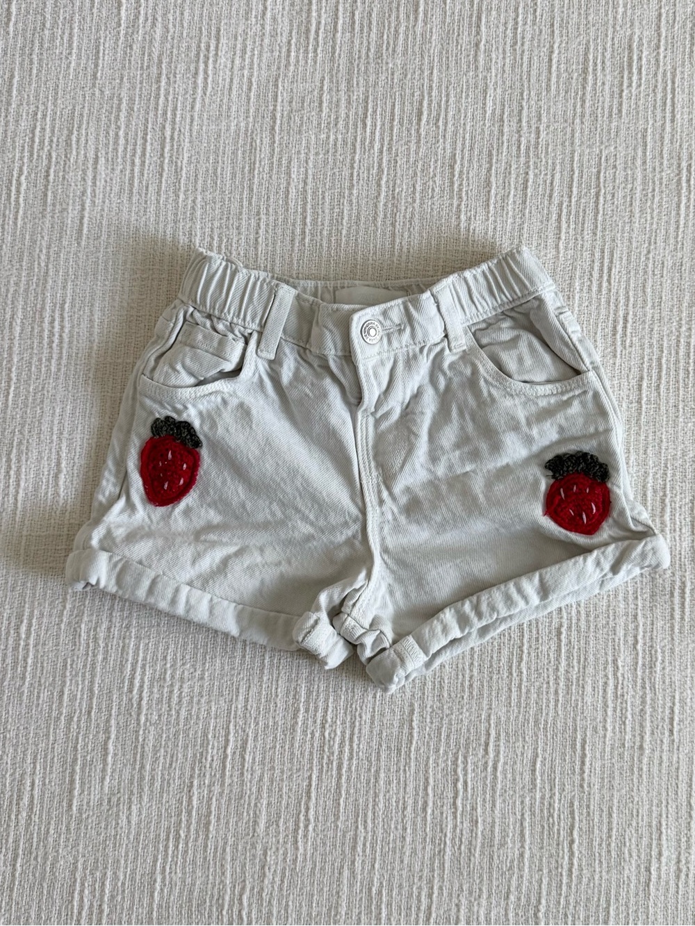 Girls White Denim Shorts with Red Strawberry Patch